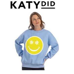 NWT Katydid 23”ptp Blue Sweatshirt with Yellow Smiley Face